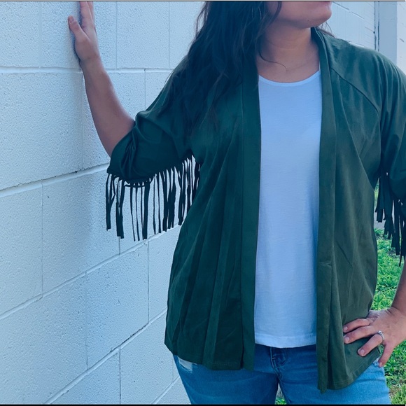 Ginger G Tops - ☘️🍀Olive Faux Suede Fringe Cardigan